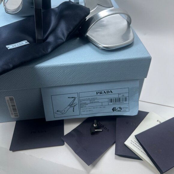 Prada Argento Donna Womens Sandals Metallic Leather Strappy Heels Size 38 US8 - Picture 12 of 16